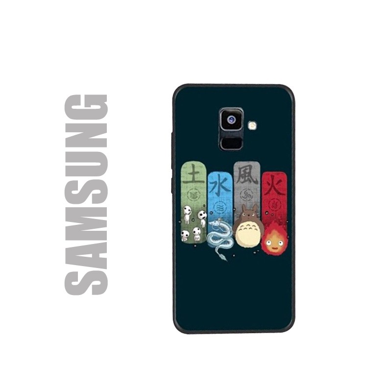 Coque de protection noire pour smartphones Samsung en gel silicone souple et au motif personnages Ghibli, les 4 éléments